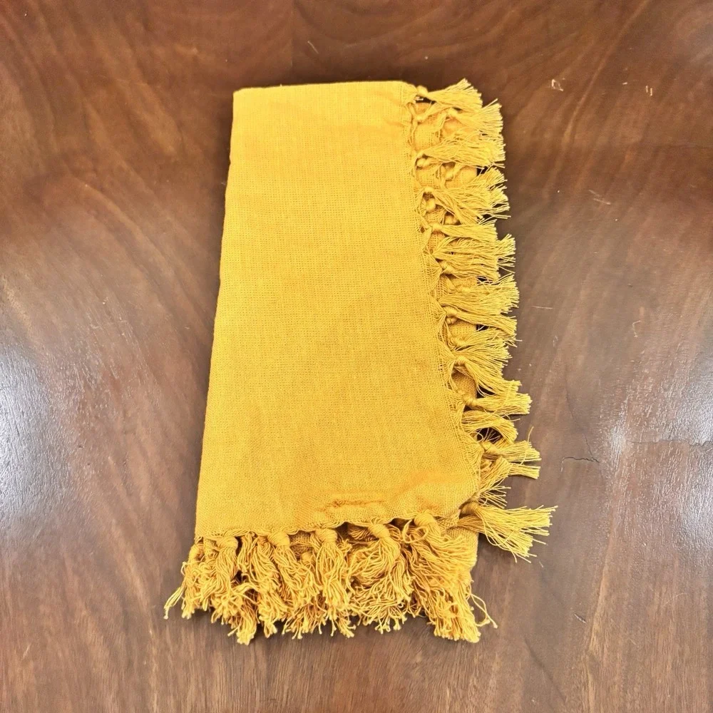 House & Garden Mustard Gold Tassel Fringe Cloth Dinner Napkins Set of 6 Cotton